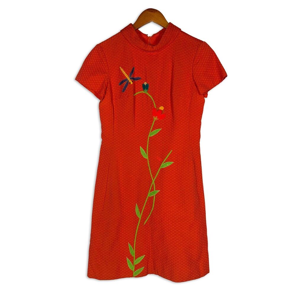 Vintage Orange Textured Applique Dress Dragonfly Floral Matthews Mod Go Go 60s